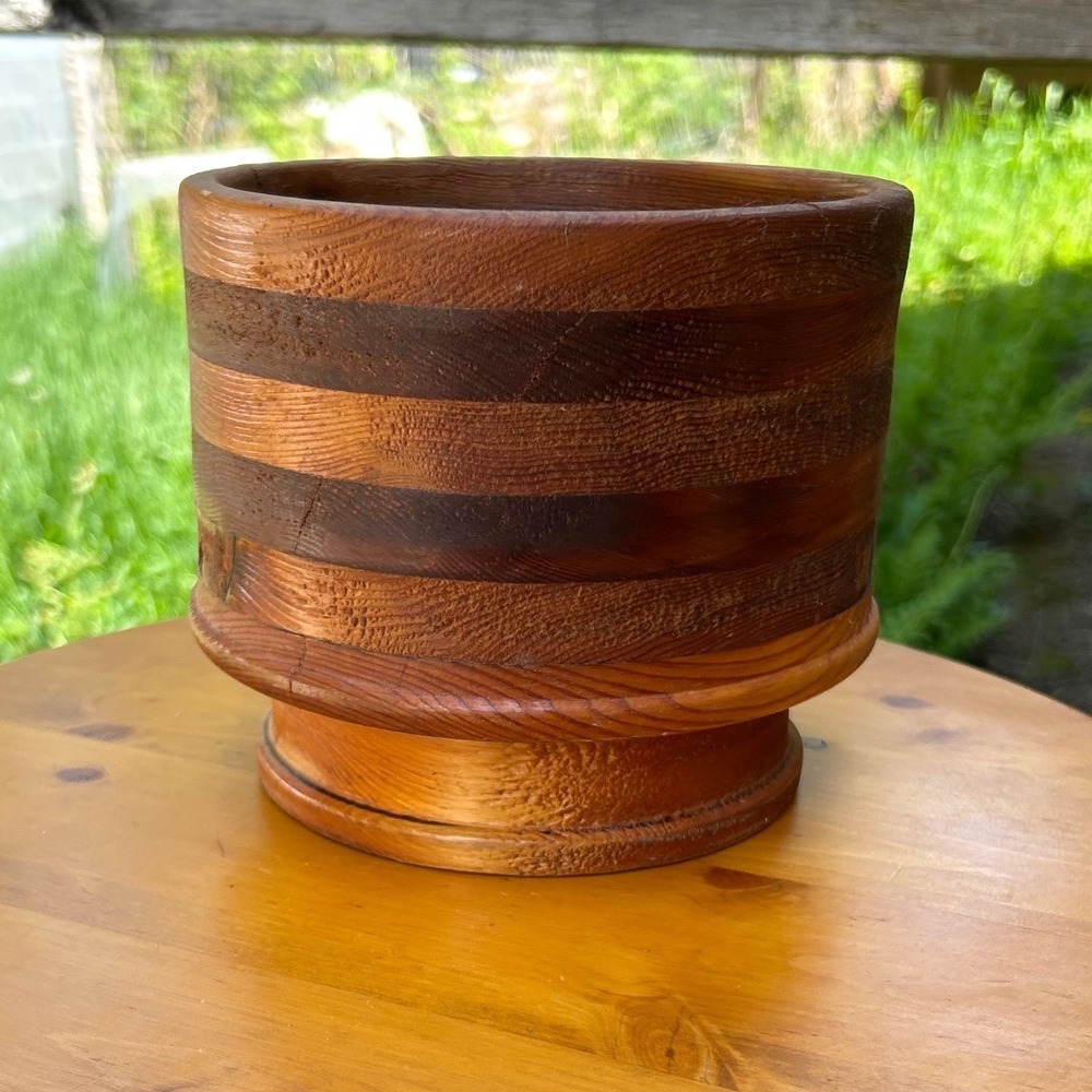 Vintage Cedar Segmented Wood Bowl‎ Medium Brown MCM Geometric Planter 70s Retro